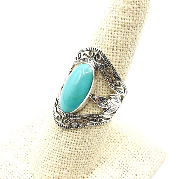 Southwest Style 925 Sterling Silver Turquoise Wide Band Ring Southwest 7.5 - Picture 2 of 7